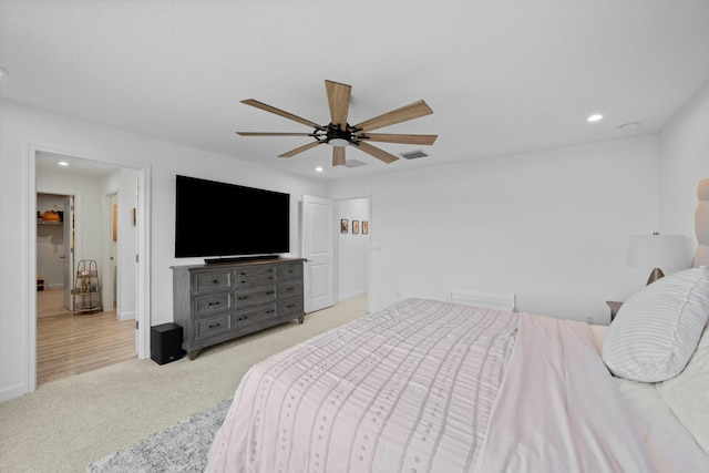 bedroom with ceiling fan, recessed lighting, carpet flooring, visible vents, and baseboards