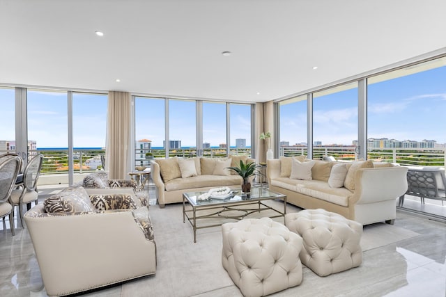 living room featuring a view of city and recessed lighting