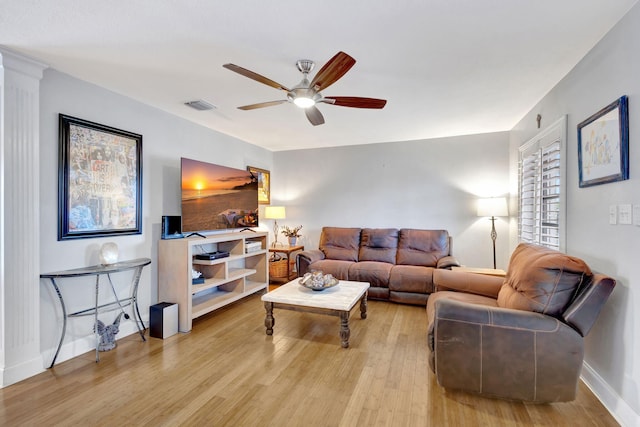 living area featuring visible vents, ceiling fan, light wood-style flooring, and baseboards