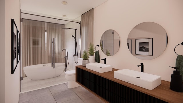 bathroom featuring tile patterned flooring, a shower with door, a freestanding bath, and a sink