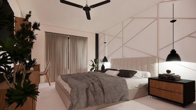 bedroom featuring light carpet and a ceiling fan