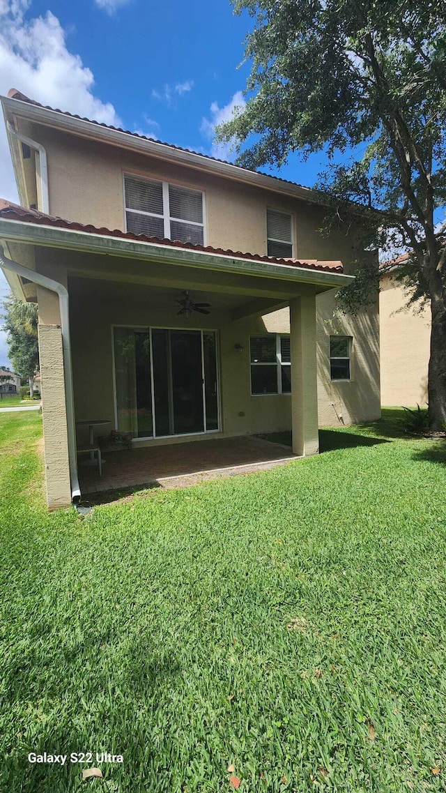 back of property with a patio area, ceiling fan, and a yard