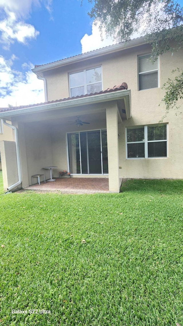 rear view of house with a patio area, a ceiling fan, a lawn, and stucco siding