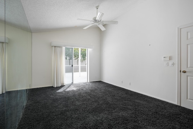 carpeted empty room with lofted ceiling, ceiling fan, a textured ceiling, and baseboards