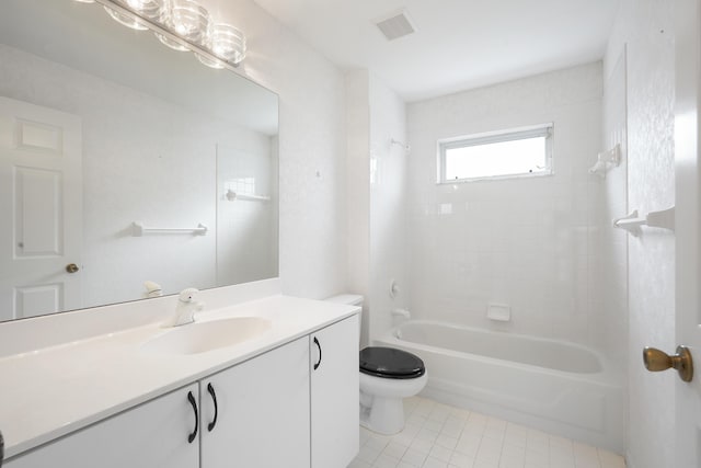 full bath featuring shower / bath combination, visible vents, toilet, tile patterned flooring, and vanity