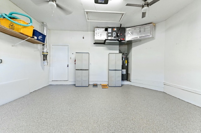 garage with water heater and a ceiling fan