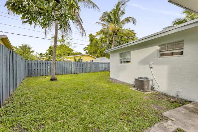 view of yard featuring central AC and a fenced backyard