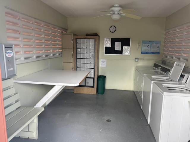 shared laundry area with a ceiling fan and washing machine and clothes dryer