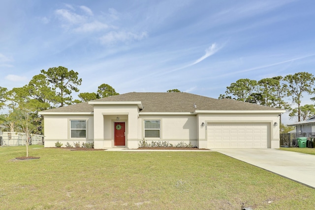 view of front of property featuring stucco siding, concrete driveway, an attached garage, fence, and a front lawn