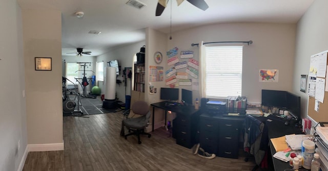 6101 NW Painted Bunting Ct, Port Saint Lucie, FL 34986 - office featuring a ceiling fan, dark wood finished floors, and healthy amount of natural light
