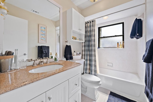 full bathroom with visible vents, toilet, tile patterned flooring, shower / bath combination with curtain, and vanity