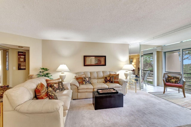 living area featuring light carpet and a textured ceiling