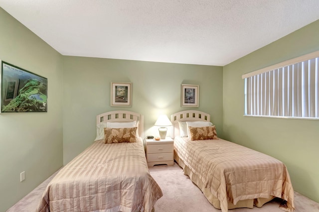 bedroom with a textured ceiling and light colored carpet