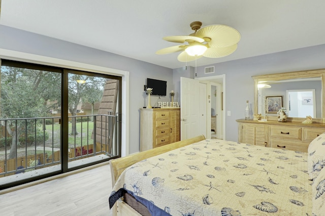 bedroom featuring access to exterior, visible vents, ceiling fan, and wood finished floors