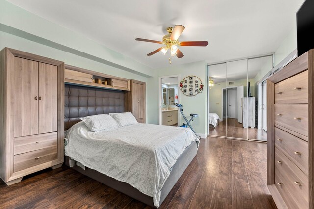 9965 NW 6th Ct, Plantation, FL 33324 - bedroom with a ceiling fan, baseboards, a closet, dark wood-style floors, and ensuite bath