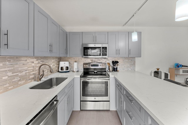 9965 NW 6th Ct, Plantation, FL 33324 - kitchen with appliances with stainless steel finishes, light stone counters, hanging light fixtures, a sink, and backsplash