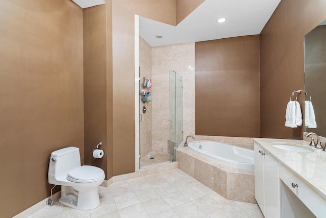 bathroom featuring toilet, tile patterned flooring, vanity, a shower stall, and a bath