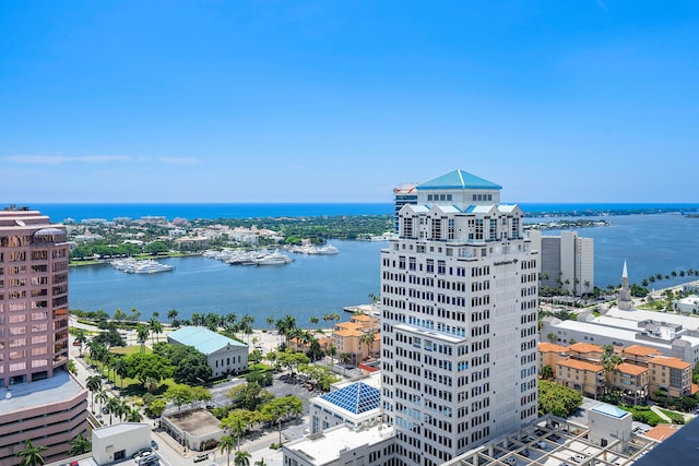 bird's eye view with a view of city and a water view