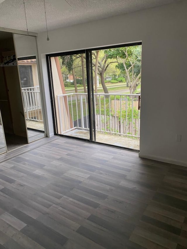 unfurnished room with a textured ceiling, dark wood-style flooring, and a wealth of natural light