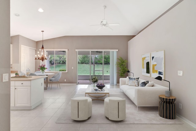 living area featuring lofted ceiling, recessed lighting, light tile patterned flooring, baseboards, and ceiling fan with notable chandelier