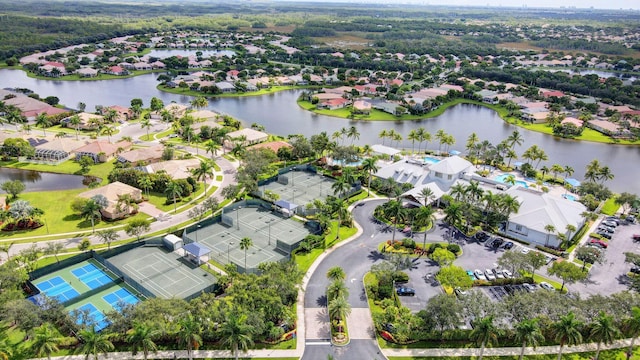 aerial view with a residential view and a water view