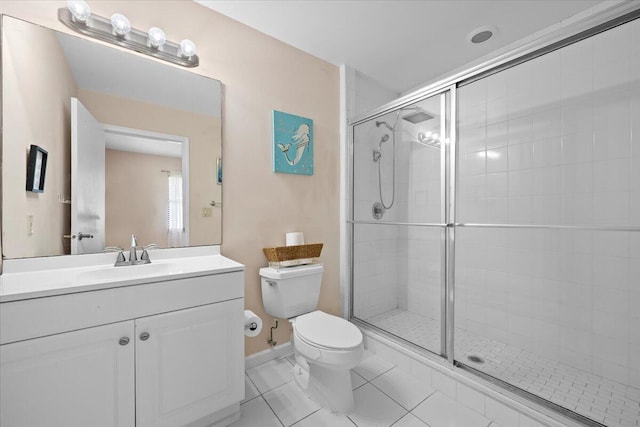 full bath featuring toilet, a stall shower, tile patterned flooring, and vanity