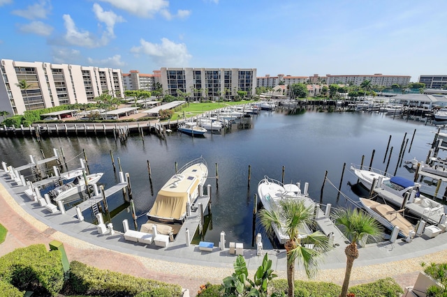 view of dock with a water view and boat lift