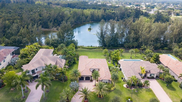 aerial view featuring a water view