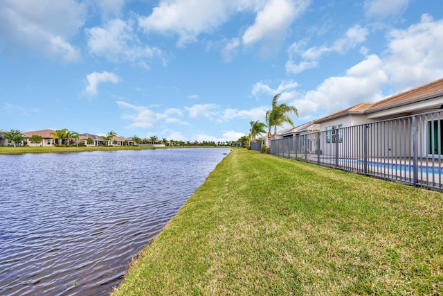 property view of water featuring a residential view and fence