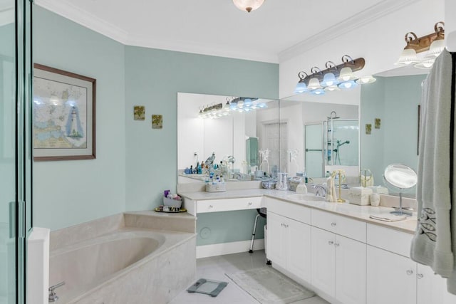 bathroom featuring a stall shower, ornamental molding, a bath, and vanity