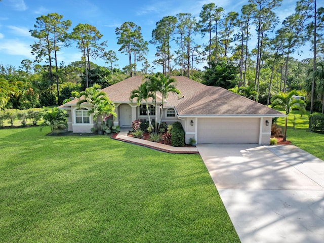 ranch-style home with a garage, concrete driveway, roof with shingles, stucco siding, and a front lawn