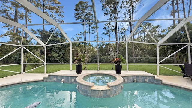 view of pool with a lanai, a pool with connected hot tub, and a lawn