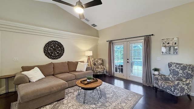 living room with ceiling fan, dark wood-style flooring, visible vents, vaulted ceiling, and french doors