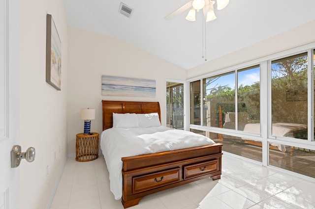 bedroom with light tile patterned floors, visible vents, a ceiling fan, vaulted ceiling, and baseboards