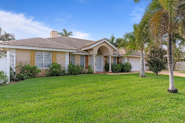 single story home with a garage, concrete driveway, stucco siding, a chimney, and a front yard