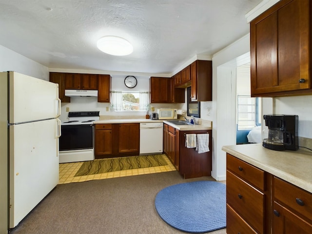 kitchen featuring white appliances, light colored carpet, light countertops, under cabinet range hood, and a sink