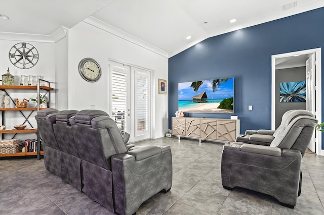 living area featuring crown molding, visible vents, and vaulted ceiling