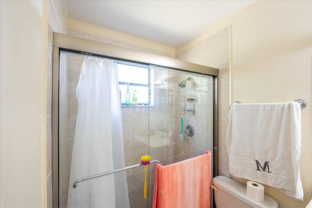 full bath featuring toilet and a shower stall