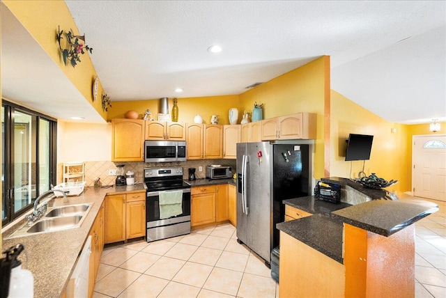 kitchen featuring stainless steel appliances, lofted ceiling, backsplash, a sink, and a peninsula