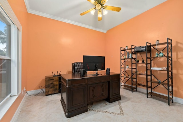 home office with ornamental molding, baseboards, ceiling fan, and light tile patterned floors