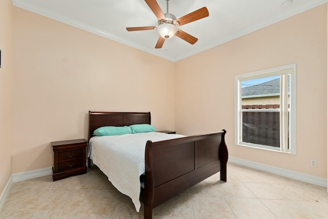 bedroom with a ceiling fan, baseboards, ornamental molding, and light tile patterned floors