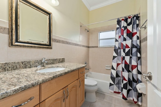 full bathroom featuring crown molding, tile patterned floors, vanity, shower / tub combo, and toilet
