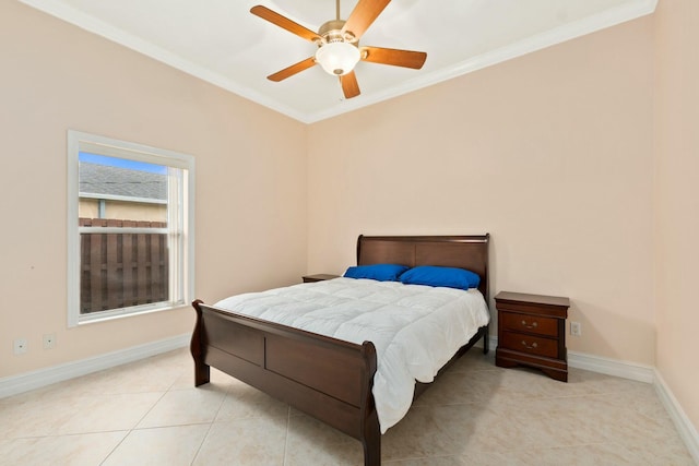 bedroom featuring a ceiling fan, baseboards, ornamental molding, and light tile patterned floors