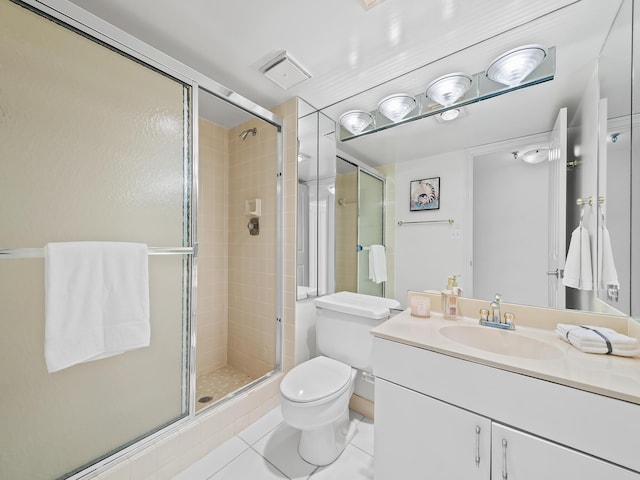 full bath with tile patterned flooring, toilet, vanity, visible vents, and a stall shower