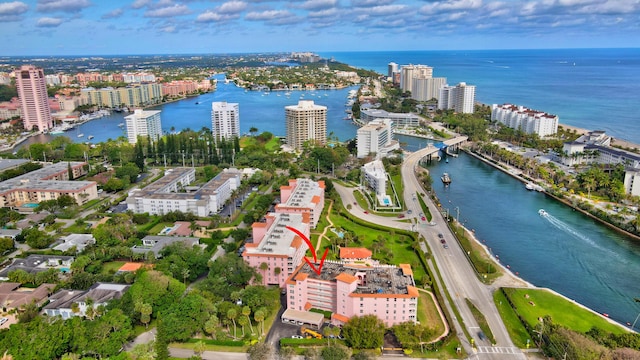 bird's eye view with a view of city and a water view