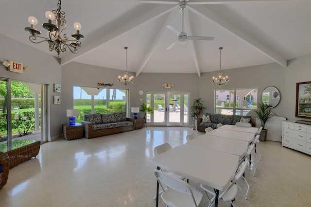 dining room featuring high vaulted ceiling, a wealth of natural light, french doors, and beamed ceiling