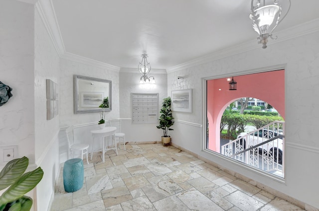 bathroom featuring mail area, ornamental molding, and stone tile flooring