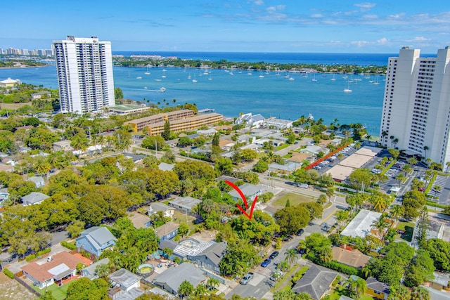 bird's eye view with a water view