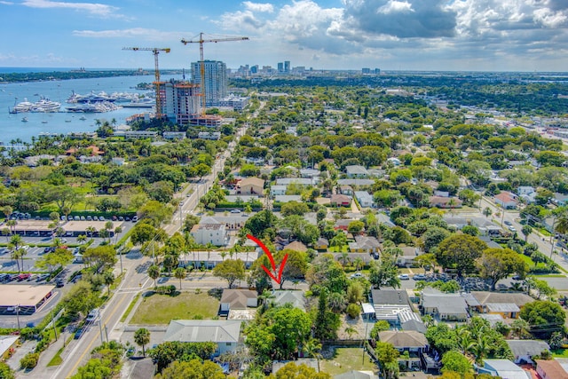 drone / aerial view with a water view