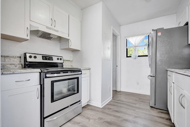 kitchen with baseboards, white cabinets, light wood-style floors, appliances with stainless steel finishes, and under cabinet range hood